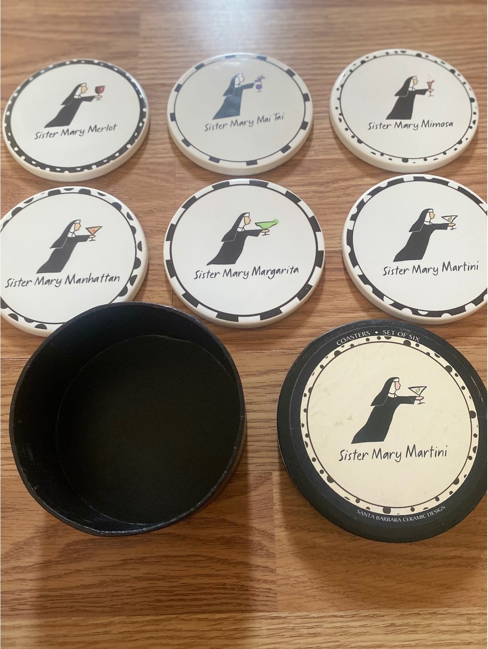 Santa Barbara Ceramic Design Sister Mary Martini Coasters Set of 6 w/ Box